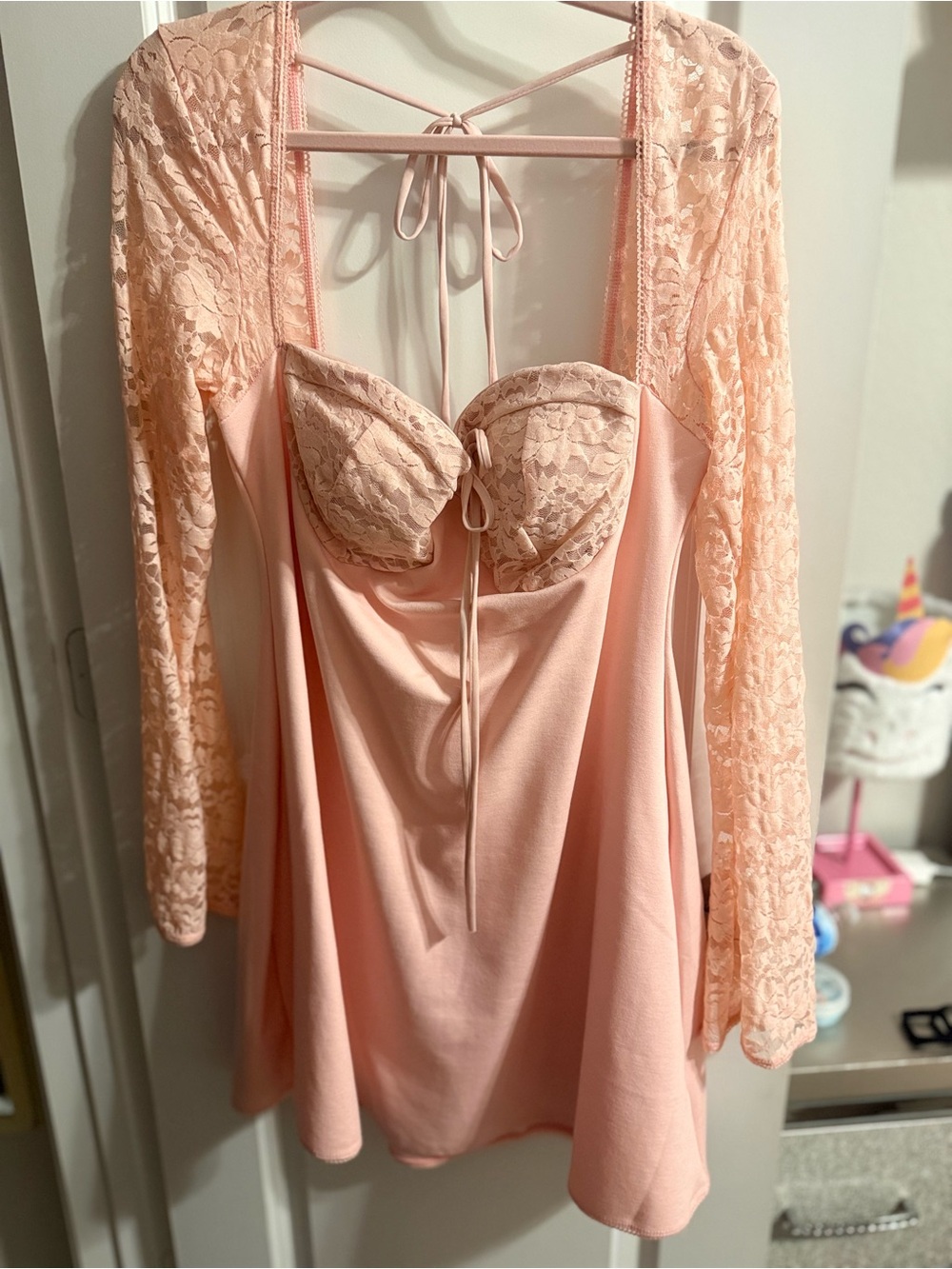 Fashion Nova Blush Lace-Trim Long-Sleeve Chemise